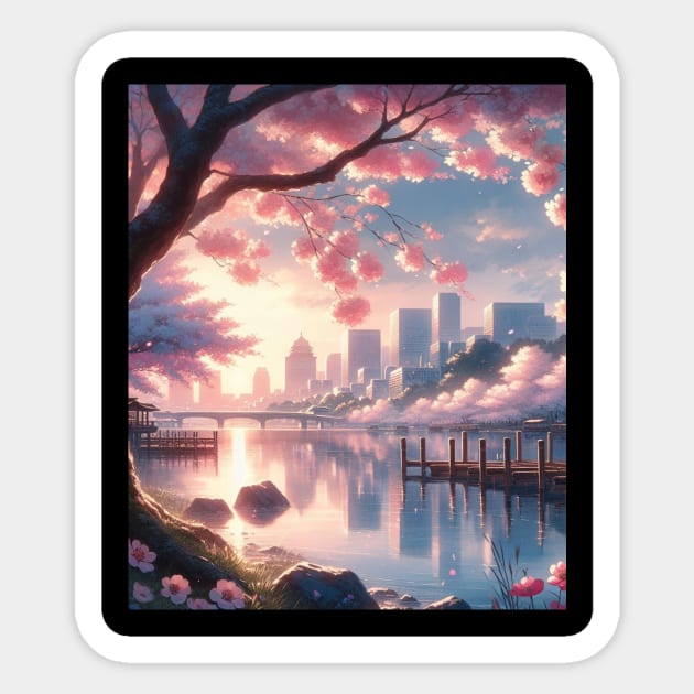 Cherry Blossom and Lake - Anime Drawing Sticker by AnimeVision